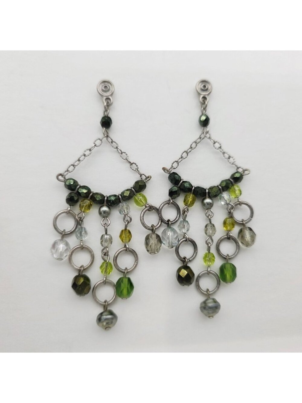 Beaded Chandelier Earrings With Green & Clear Glass Beads And Silver Metal Rings